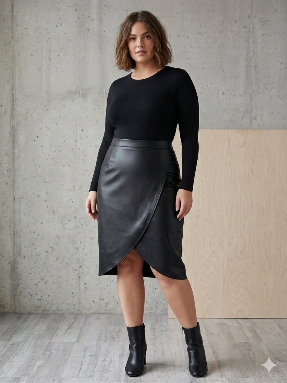 Women’s Black Faux Leather Wrap Pencil Skirt